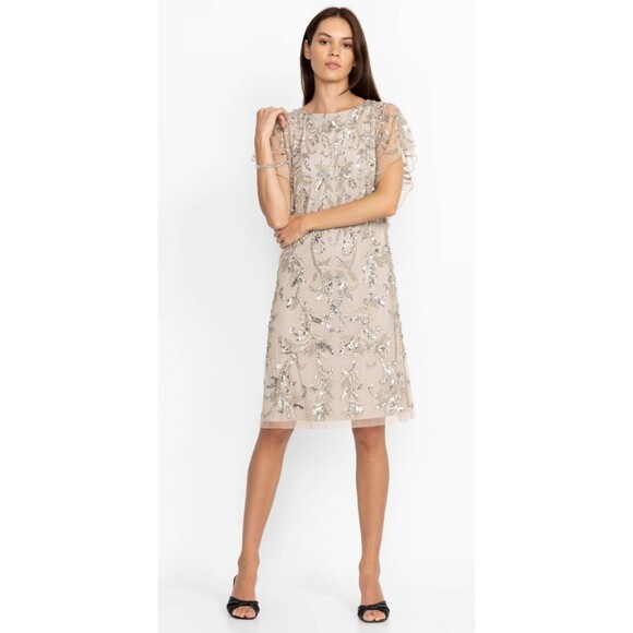 Johnny Was Silver Sequin Cocktail Mini Formal Dress Size 12 Flutter Sleeve Glitz - Picture 1 of 13